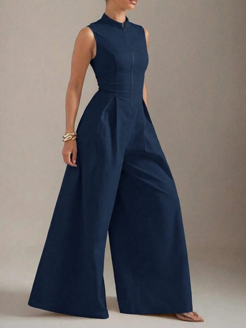 Navy Stand Collar Zip Front Wide Leg Jumpsuit
